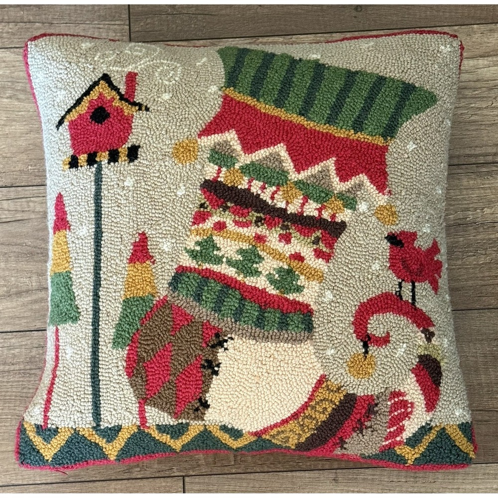 Christmas Hooked Wool Pillow 18" Cardinal Stocking Red Velvet Back Holiday Decor